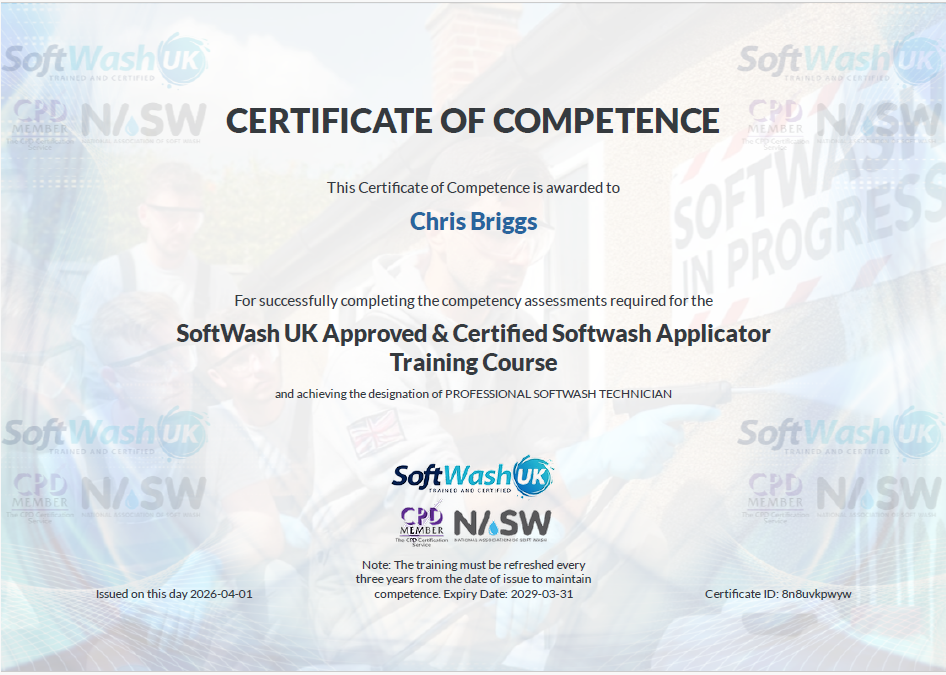 SoftWash UK Certificate of Competence awarded to Chris Briggs of Fantastic Finish Ltd — Approved & Certified Softwash Applicator, Certificate ID 8n8uvkpwyw