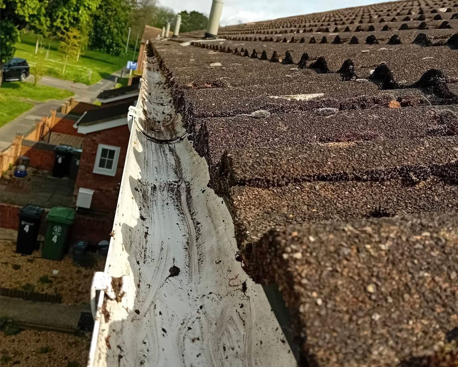 Same gutter cleared back to clean plastic after wet-vac emptying and gutter clean