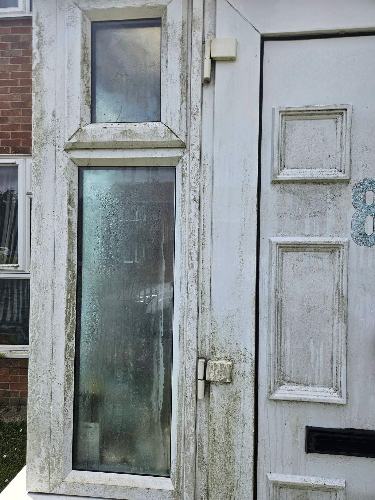 White UPVC front door and side window smothered in green algae and grime before cleaning