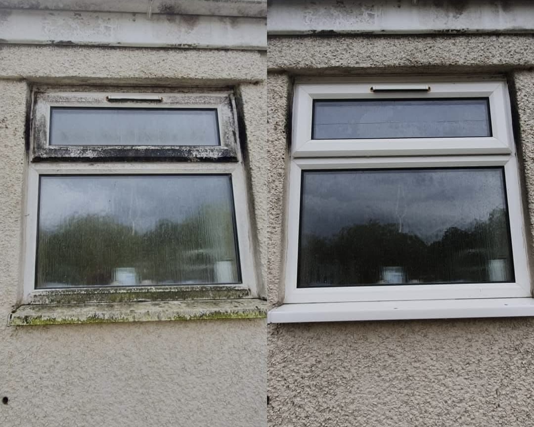 Grimy UPVC exterior window before and after pure-water window cleaning — Fareham home