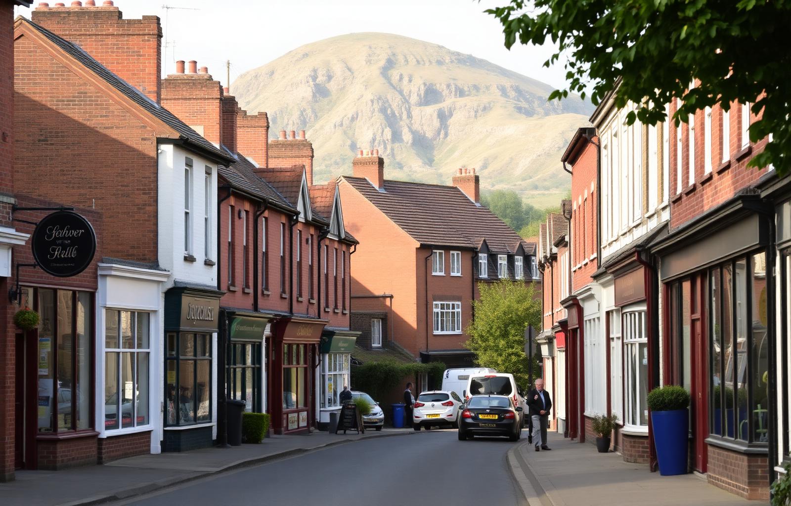 Traditional Cosham High Street with red-brick shopfronts and the chalk ridge of Portsdown Hill behind