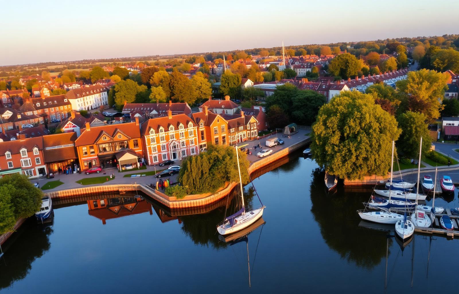 Aerial view of Fareham Creek, moored sailboats and the red-brick Georgian town centre at golden hour