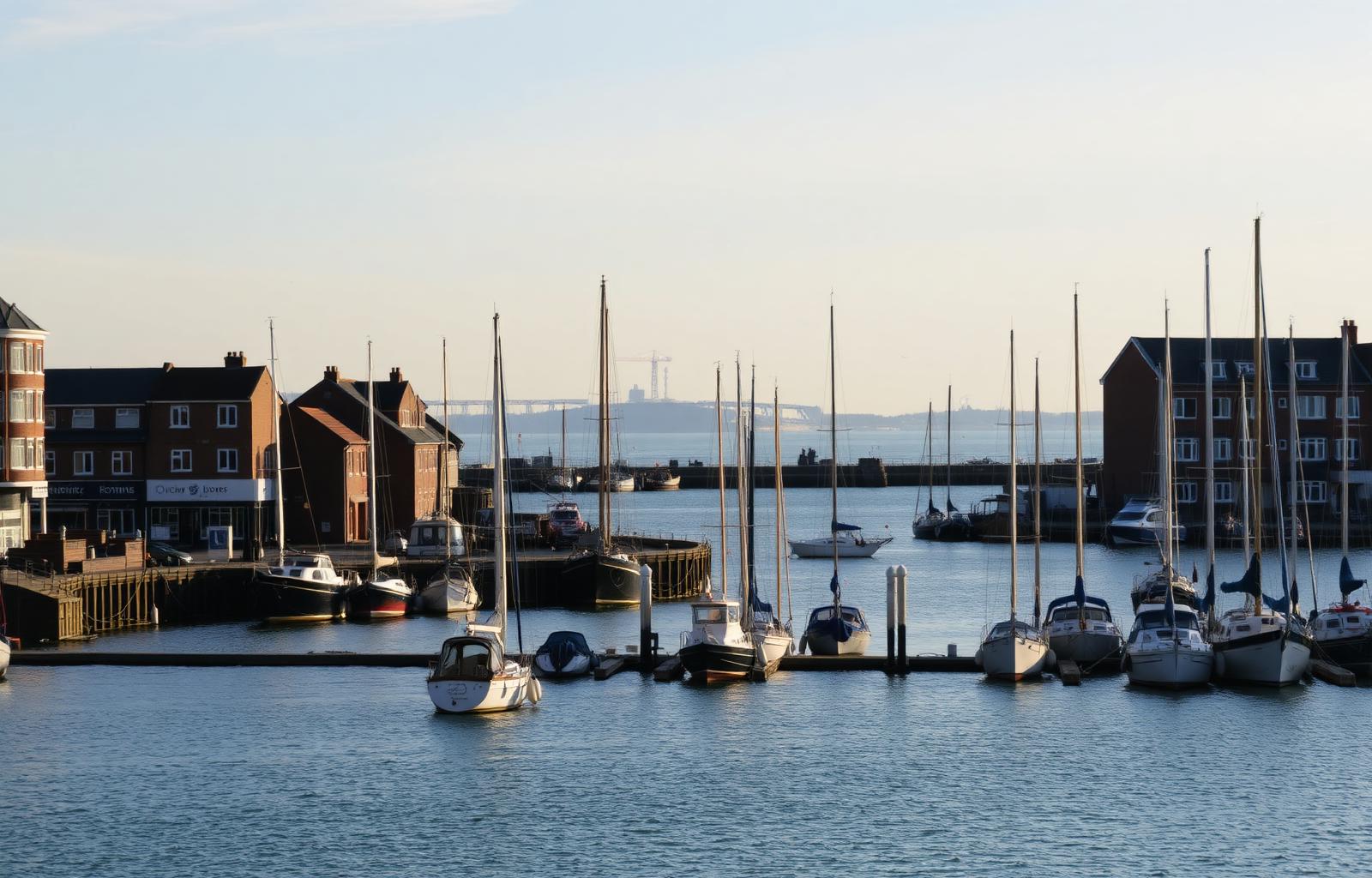 Gosport waterfront marina looking across Portsmouth Harbour toward the Spinnaker Tower in the distance