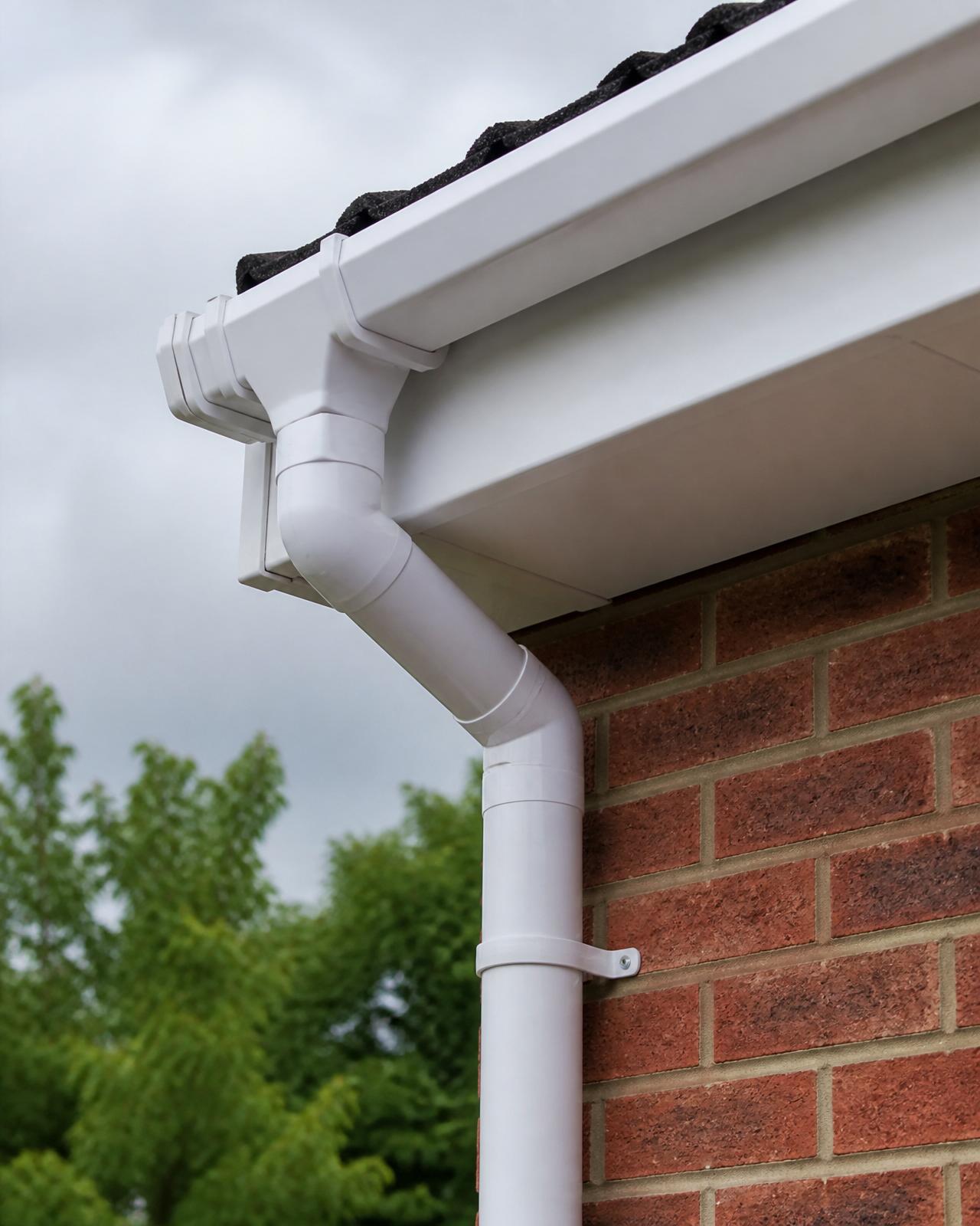 Freshly cleaned white UPVC guttering, downpipe and soffit on a red-brick UK home — no black tiger stripes remaining