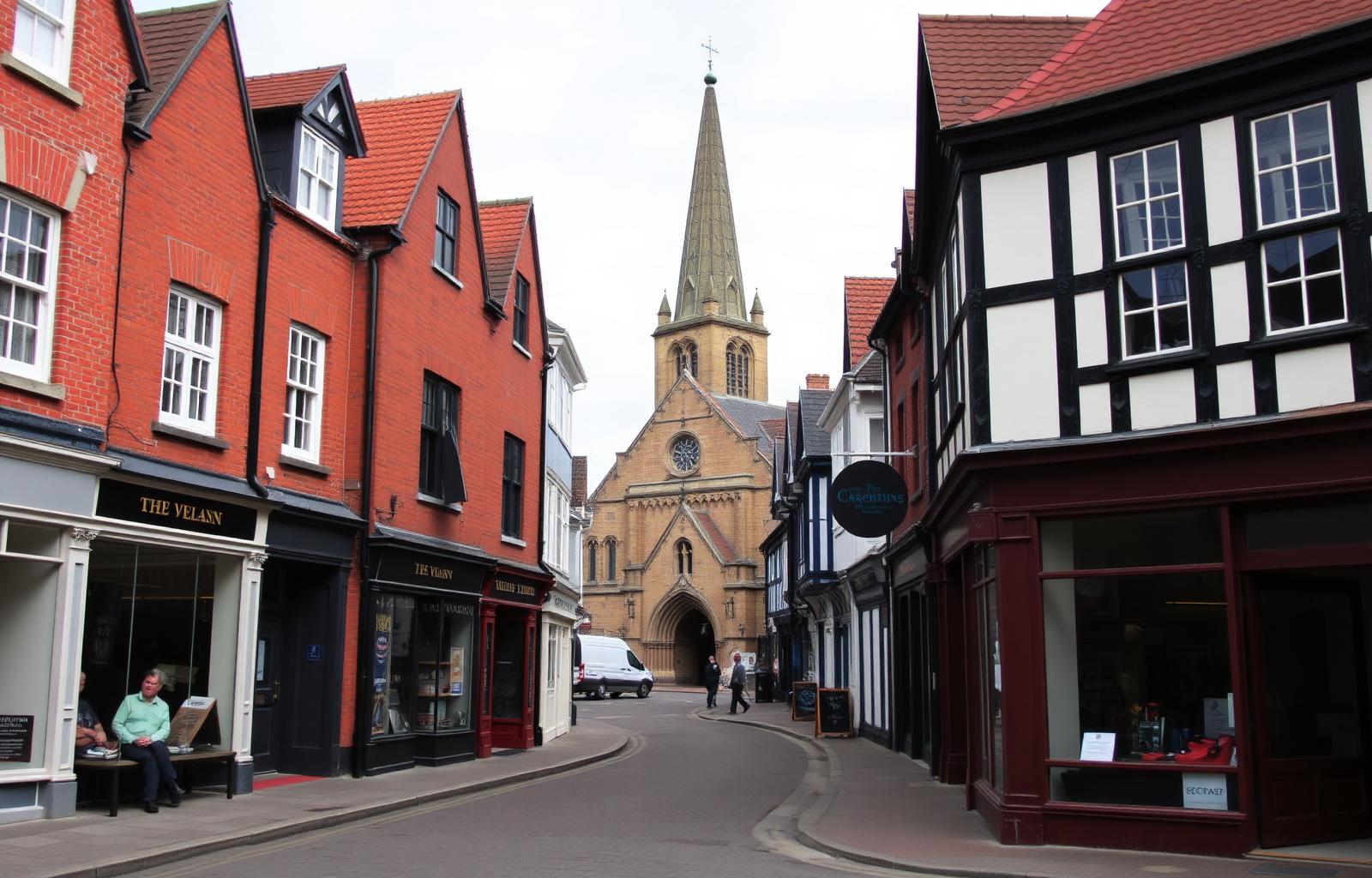 Historic Havant town centre with the stone spire of St Faith's church and timber-framed shopfronts