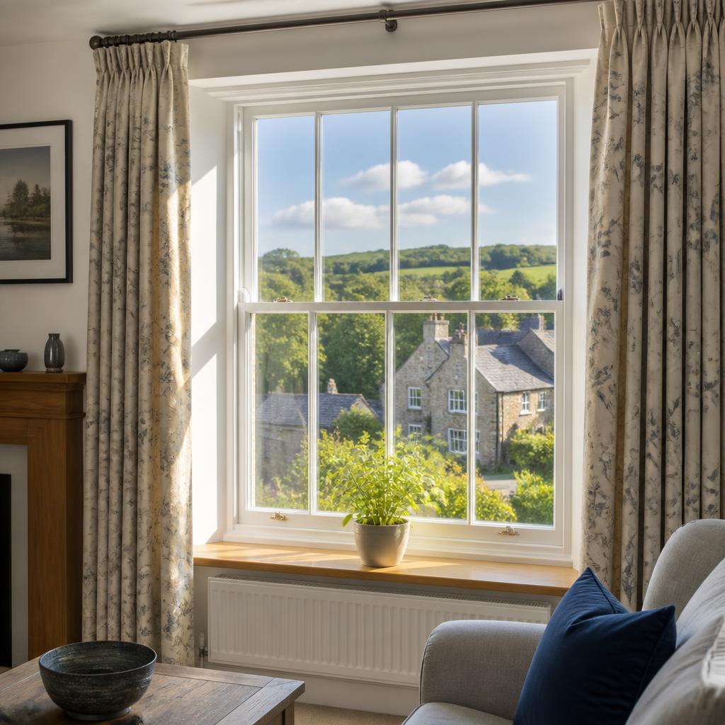 Sunlit sash window inside a bright English living room after streak-free internal window cleaning