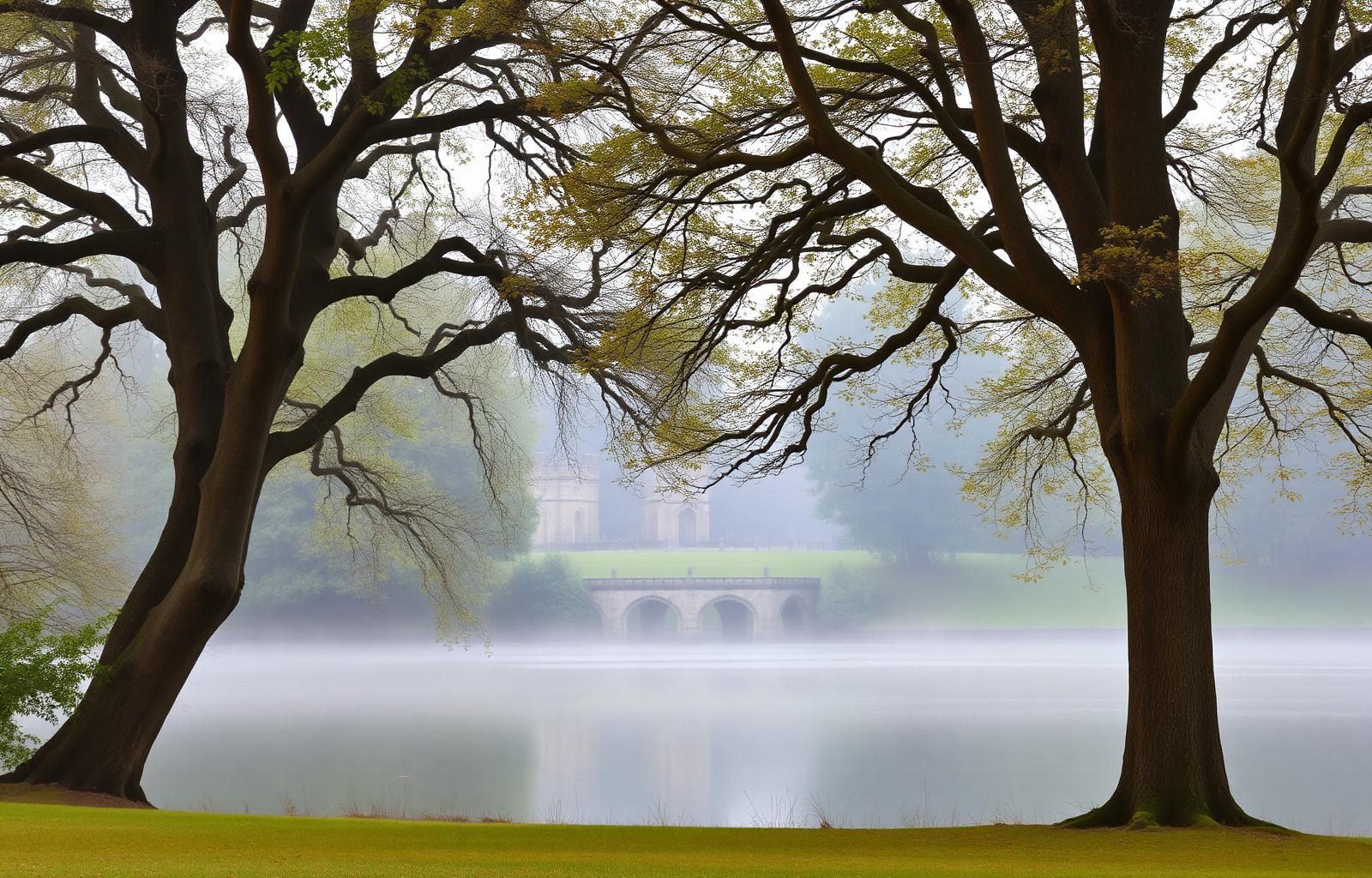 Staunton Country Park near Leigh Park — mature oaks, misty ornamental lake and a gothic stone folly
