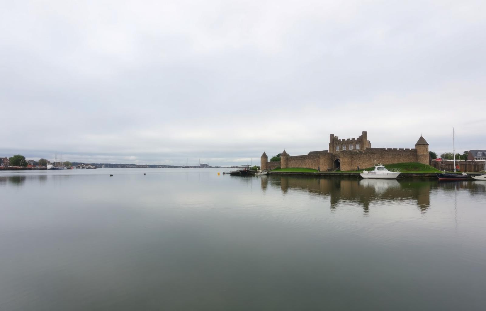 Portchester Castle's Roman walls and Norman keep reflected in the still waters of Portsmouth Harbour