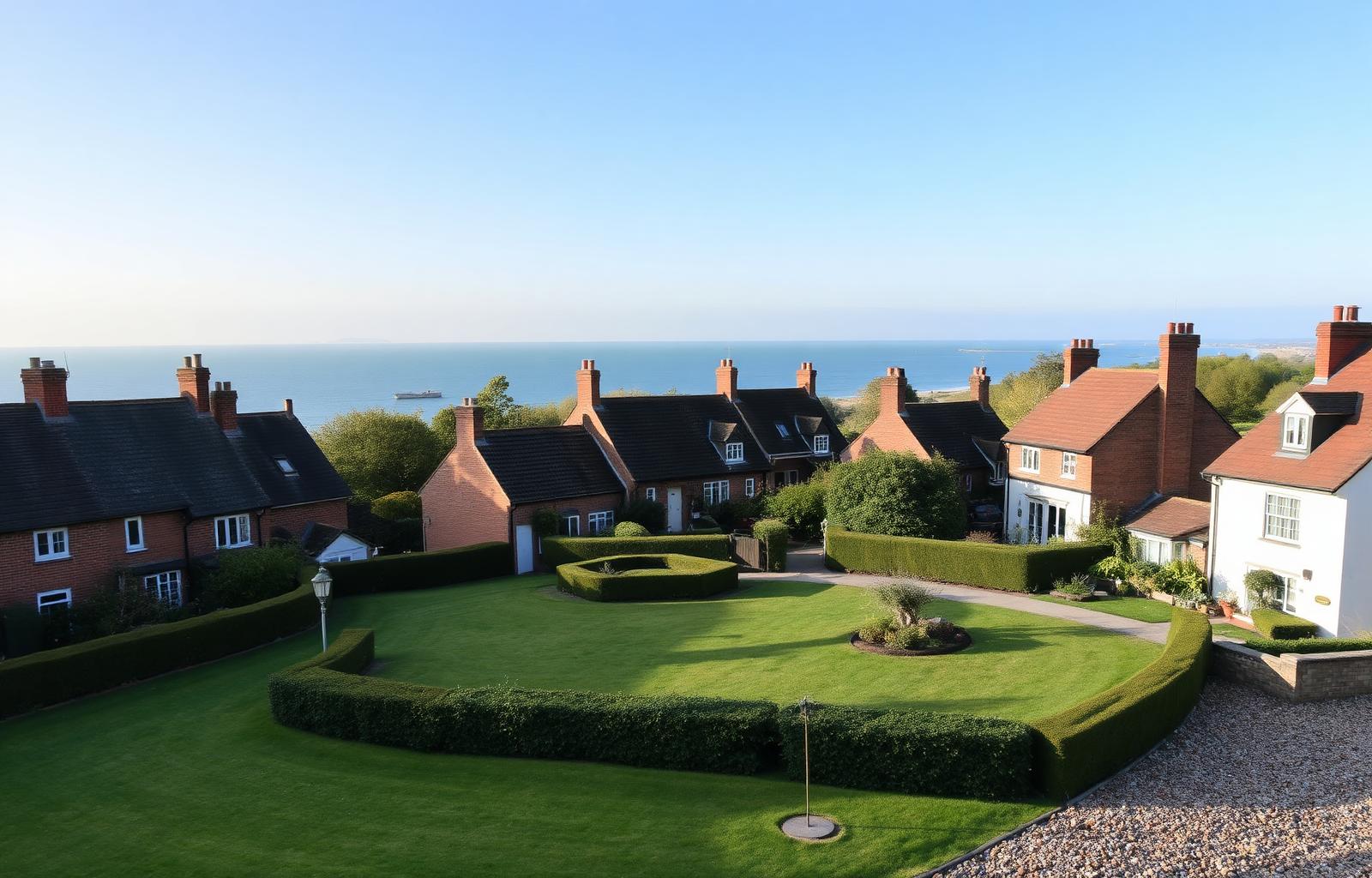 Village of Stubbington near Hill Head — trimmed hedges, brick houses and the Solent on the horizon
