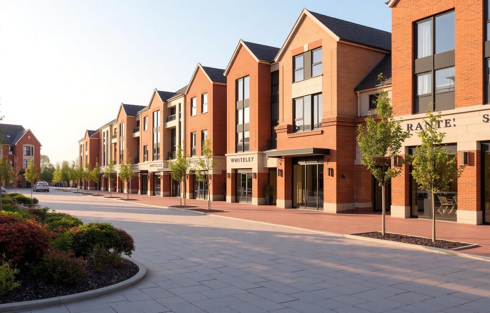Whiteley Shopping Village — modern red-brick and cream buildings along a wide clean paved plaza